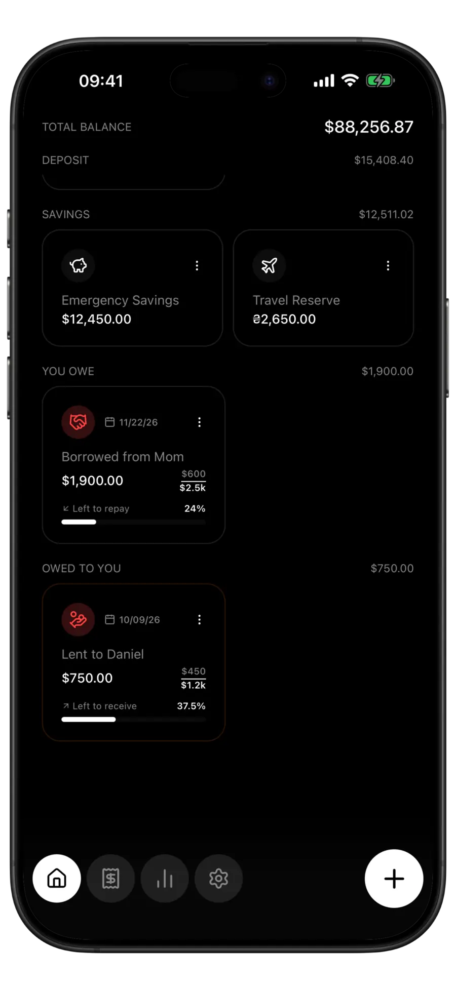 Budgie home screen with a total balance, savings accounts and money owed and lent