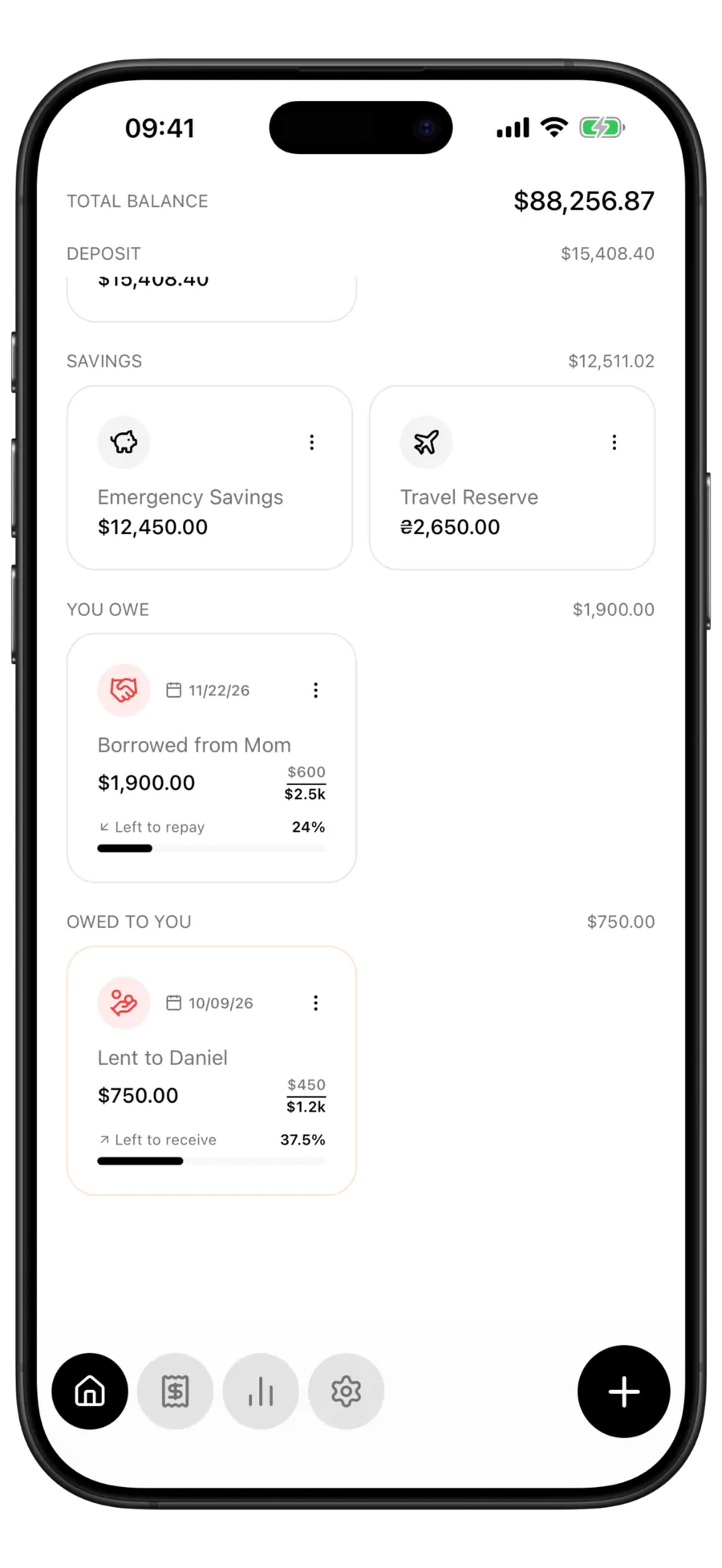 Budgie home screen with a total balance, savings accounts and money owed and lent