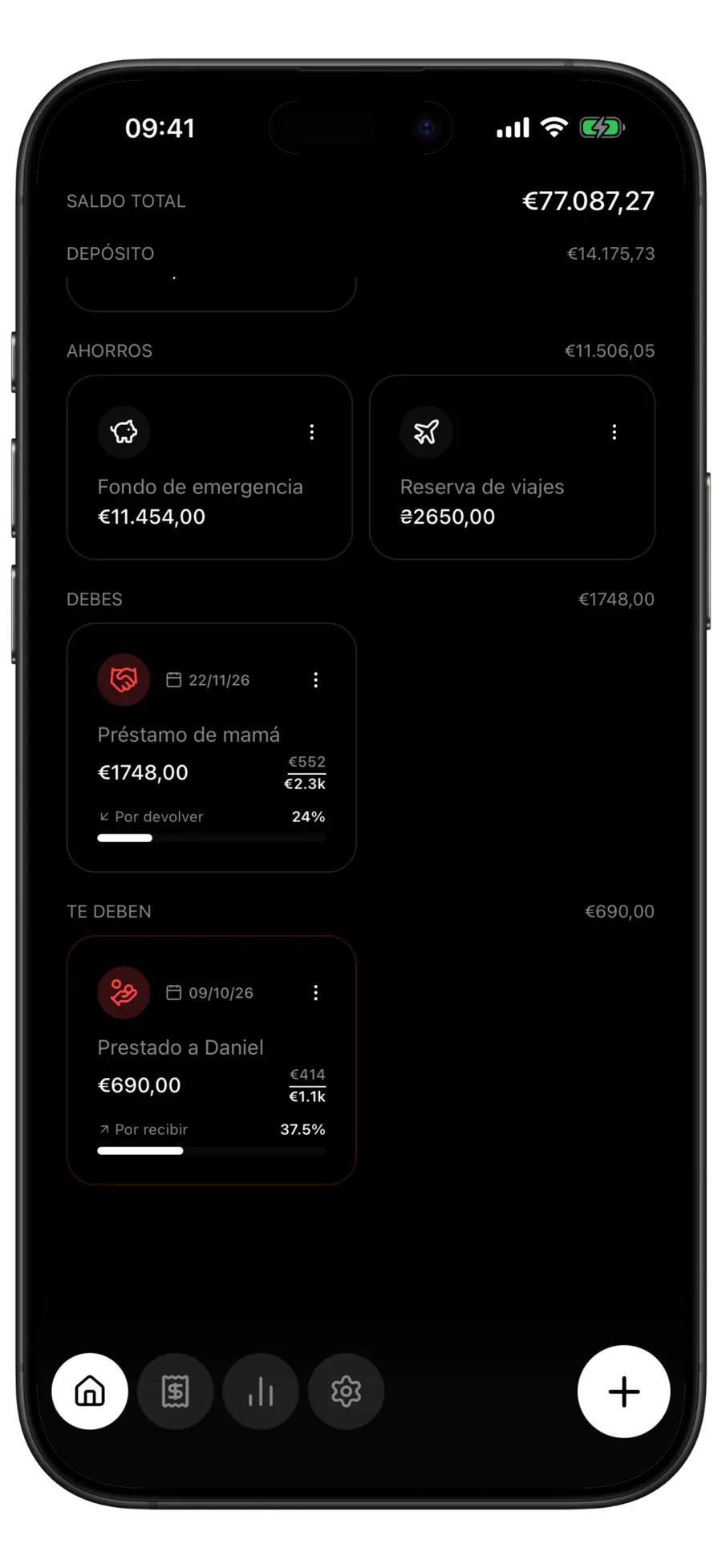Pantalla de inicio de Budgie con el saldo total, cuentas de ahorro y dinero prestado y adeudado