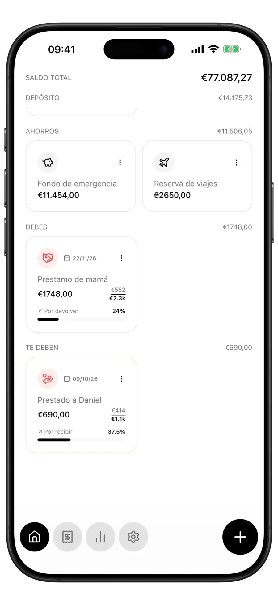 Pantalla de inicio de Budgie con el saldo total, cuentas de ahorro y dinero prestado y adeudado