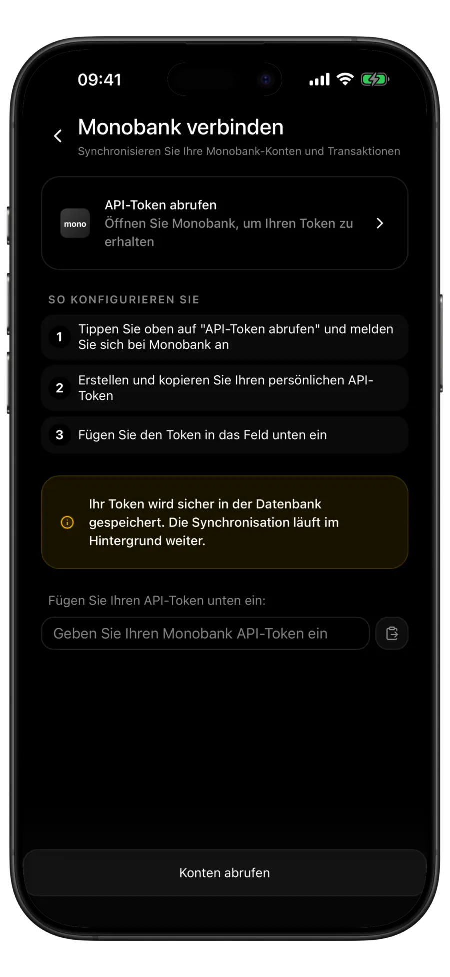 Budgie-Bildschirm „Monobank verbinden“ mit der Zeile „API-Token abrufen“ und dem Token-Feld