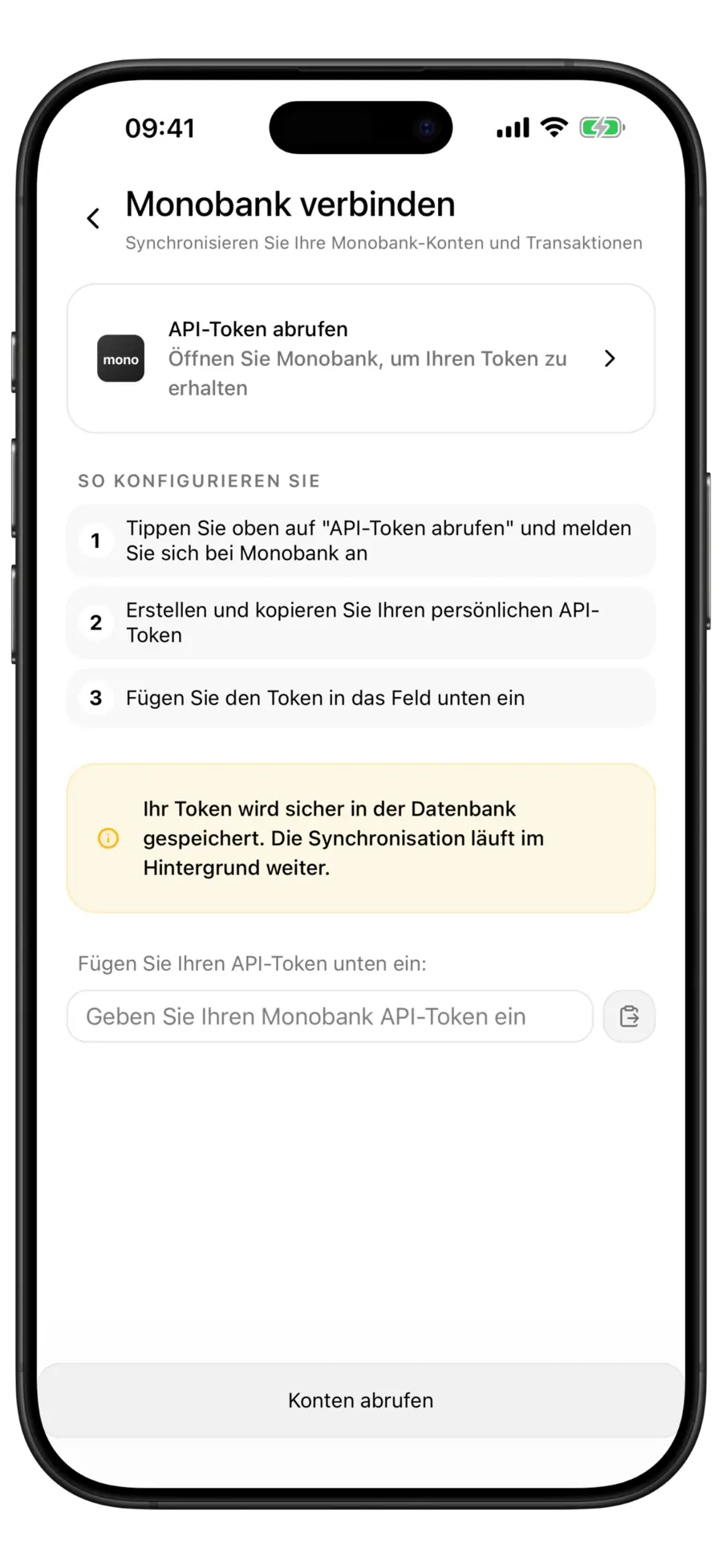 Budgie-Bildschirm „Monobank verbinden“ mit der Zeile „API-Token abrufen“ und dem Token-Feld
