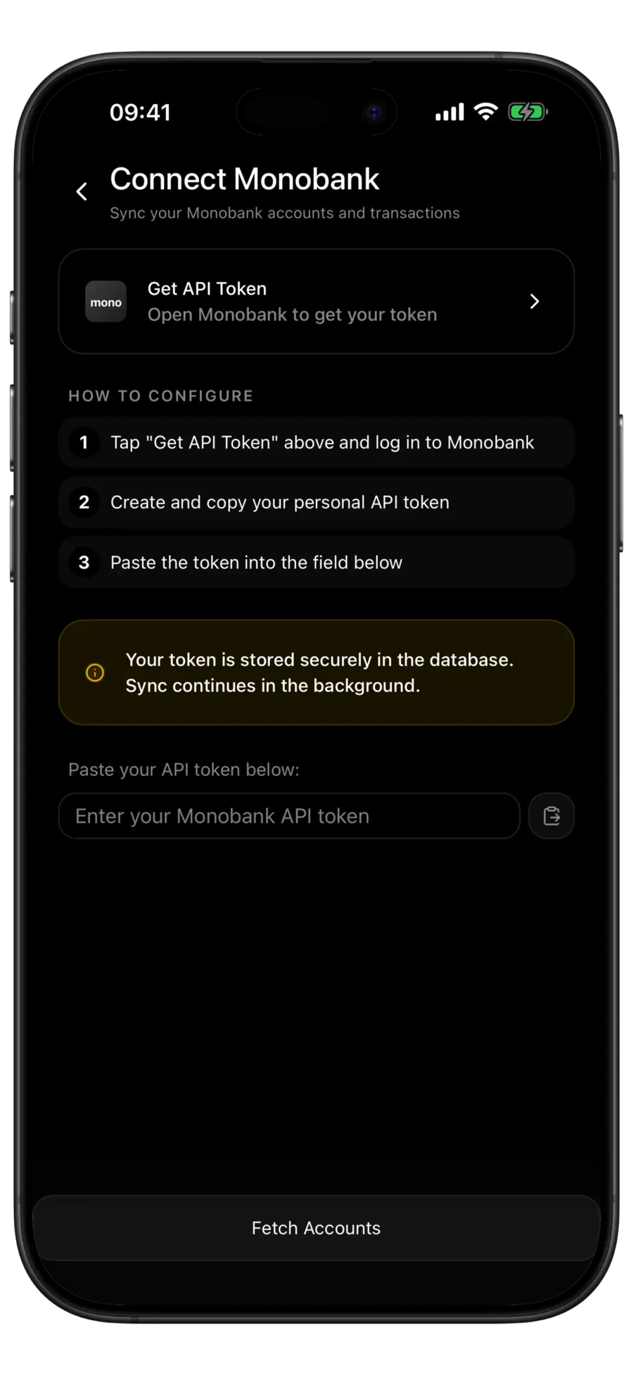Budgie Connect Monobank screen with the Get API Token row and the token field