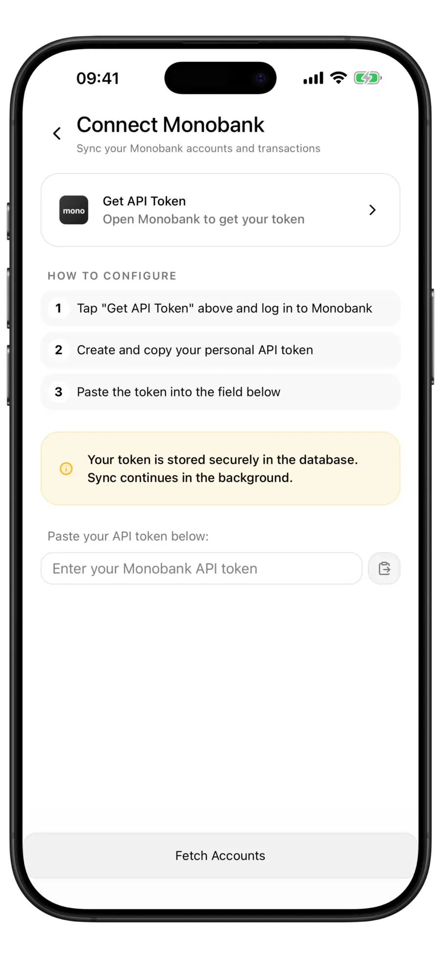 Budgie Connect Monobank screen with the Get API Token row and the token field