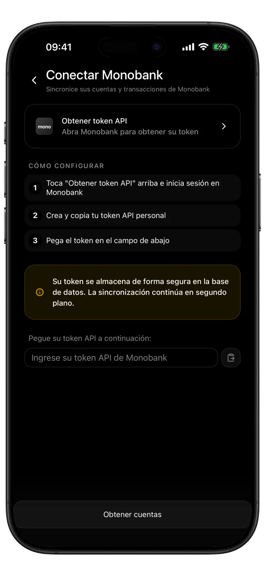 Pantalla Conectar Monobank de Budgie con la fila Obtener token API y el campo del token