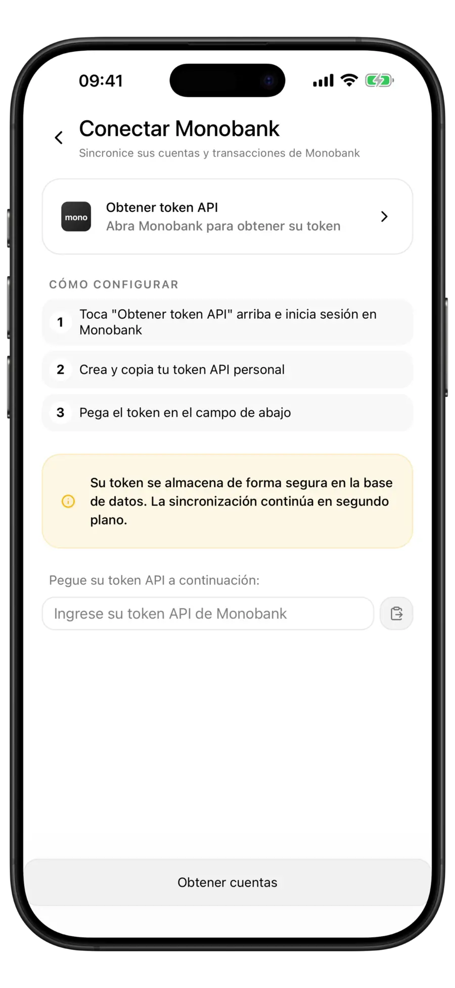 Pantalla Conectar Monobank de Budgie con la fila Obtener token API y el campo del token