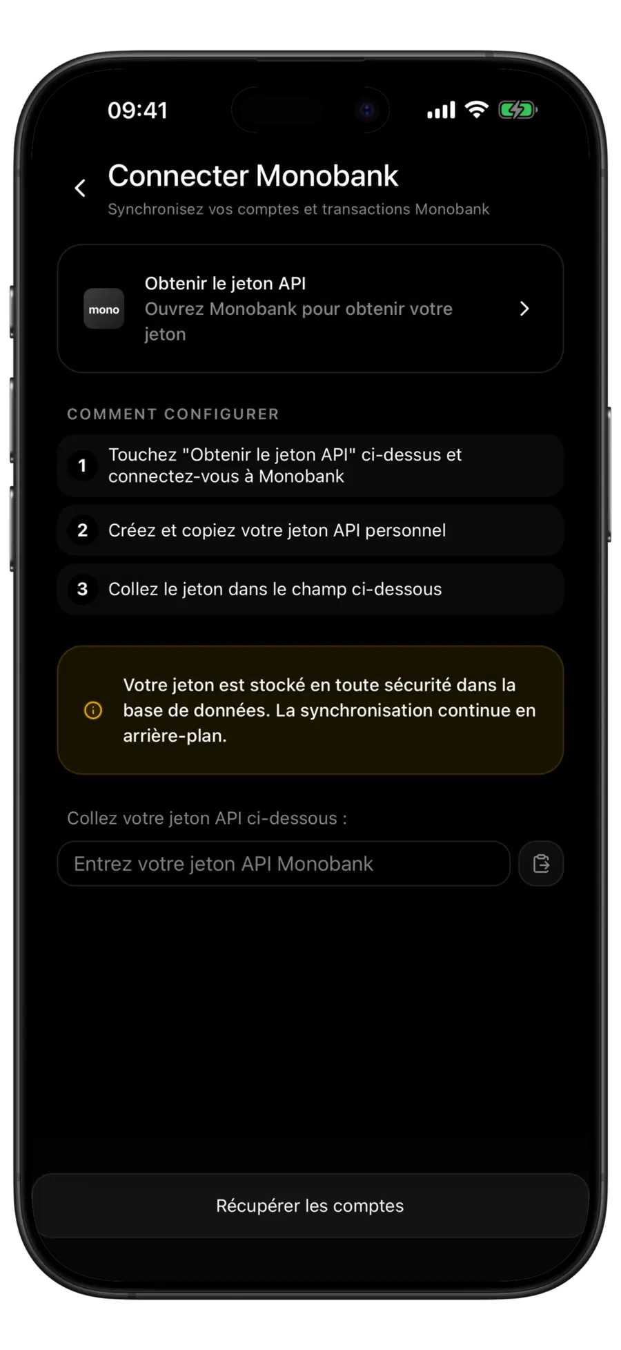 Écran Connecter Monobank de Budgie avec la ligne Obtenir le jeton API et le champ du jeton