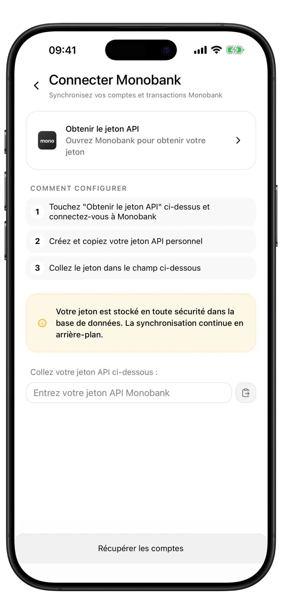 Écran Connecter Monobank de Budgie avec la ligne Obtenir le jeton API et le champ du jeton