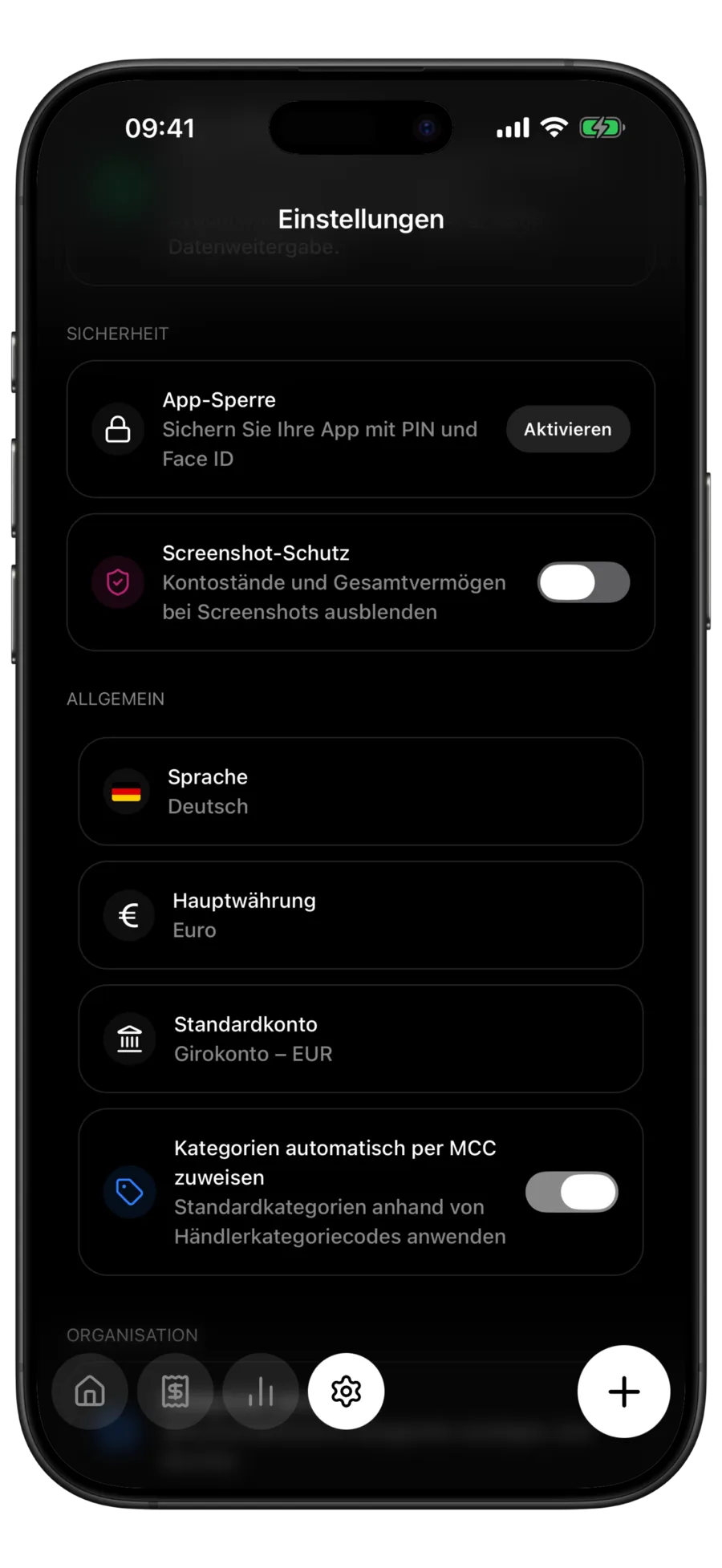 Budgie-Einstellungen mit der Karte „100 % offline und privat“ über App-Sperre und Screenshot-Schutz