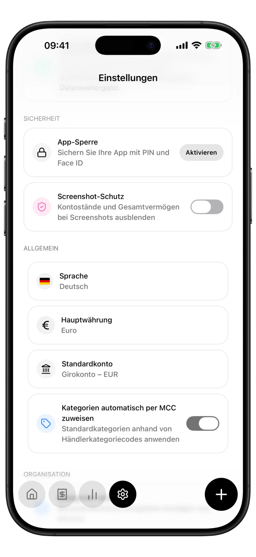 Budgie-Einstellungen mit der Karte „100 % offline und privat“ über App-Sperre und Screenshot-Schutz