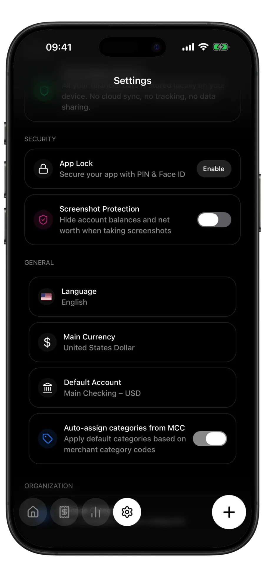 Budgie settings screen showing the 100% offline and private card above app lock and screenshot protection