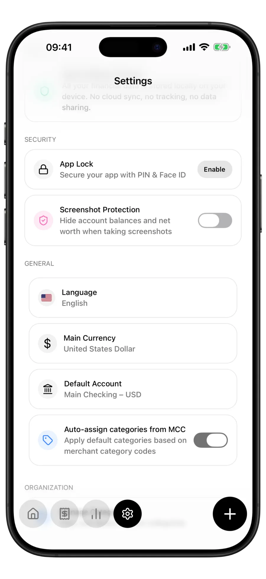 Budgie settings screen showing the 100% offline and private card above app lock and screenshot protection