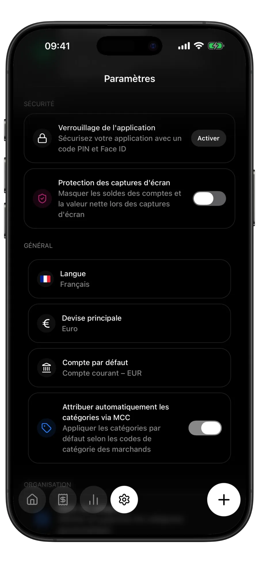 Écran des réglages de Budgie avec la carte 100 % hors ligne et privée au-dessus du verrouillage et de la protection des captures