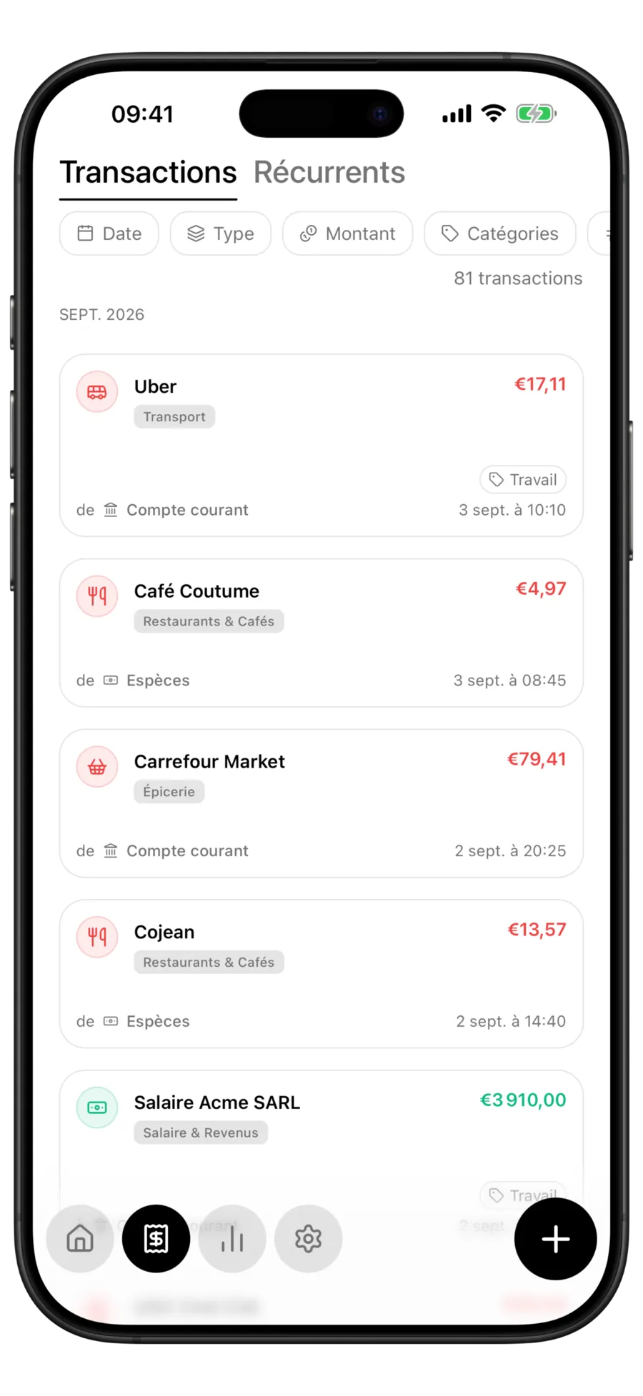 Liste des transactions Budgie affichant 81 opérations chargées sans aucune requête réseau en cours