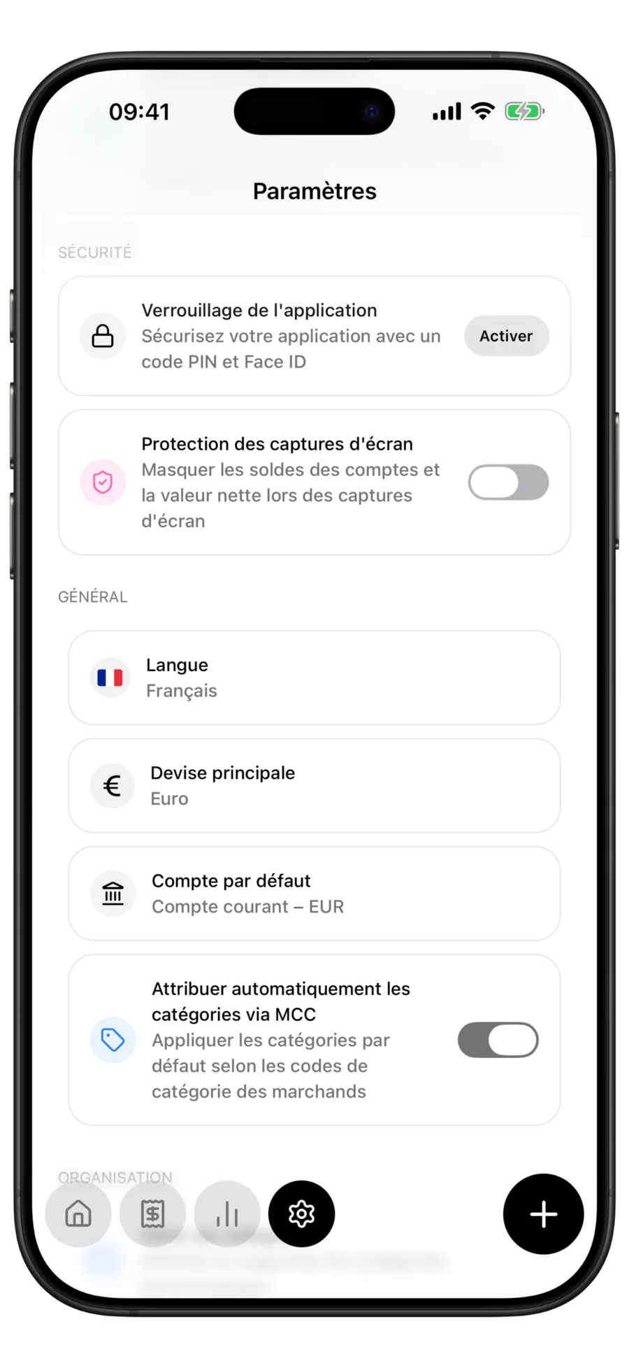 Écran des réglages de Budgie avec la carte 100 % hors ligne et privée au-dessus du verrouillage et de la protection des captures