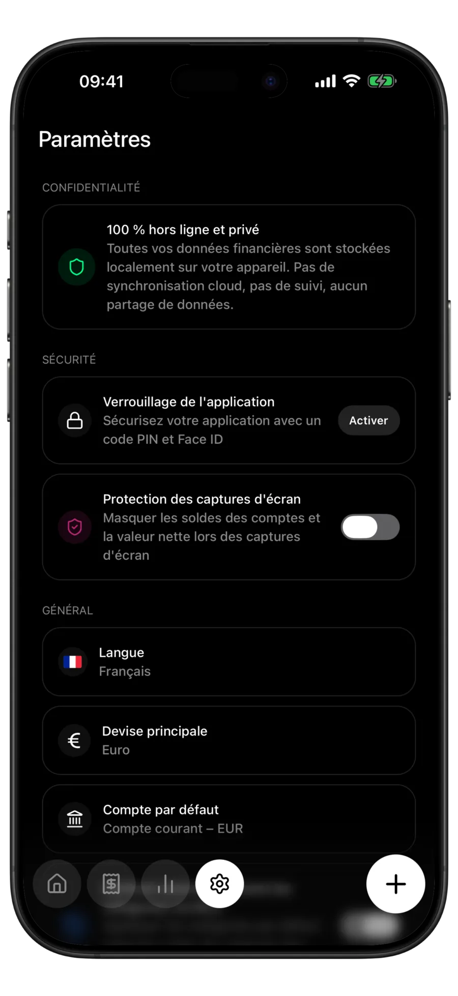 Écran des paramètres de Budgie listant les options de confidentialité, de sécurité et générales fournies avec l’application