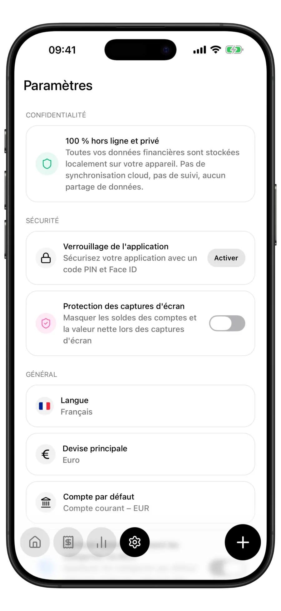 Écran des paramètres de Budgie listant les options de confidentialité, de sécurité et générales fournies avec l’application