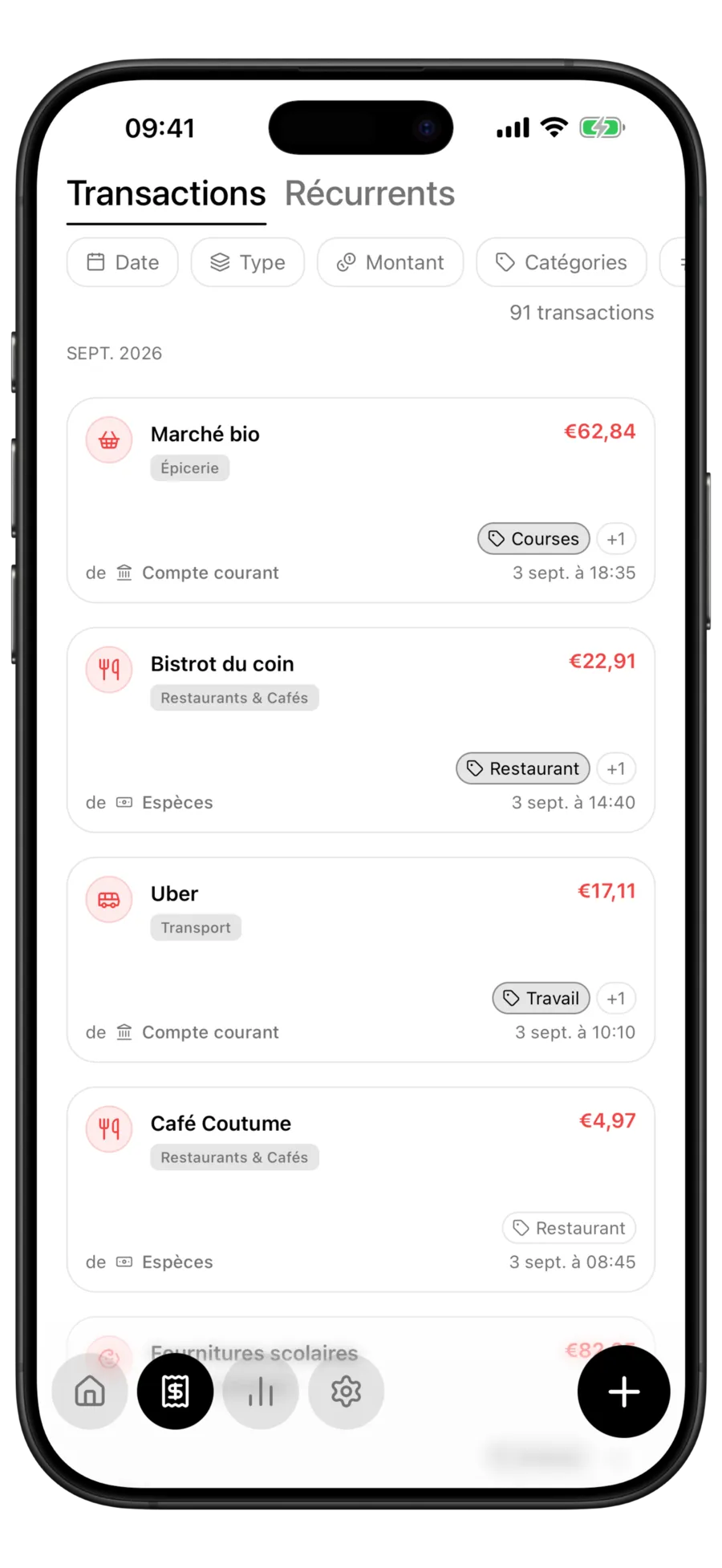 Liste des transactions Budgie où les lignes à plusieurs tags affichent une puce de tag bordée avec un compteur des autres, et les lignes à un seul tag affichent une puce simple