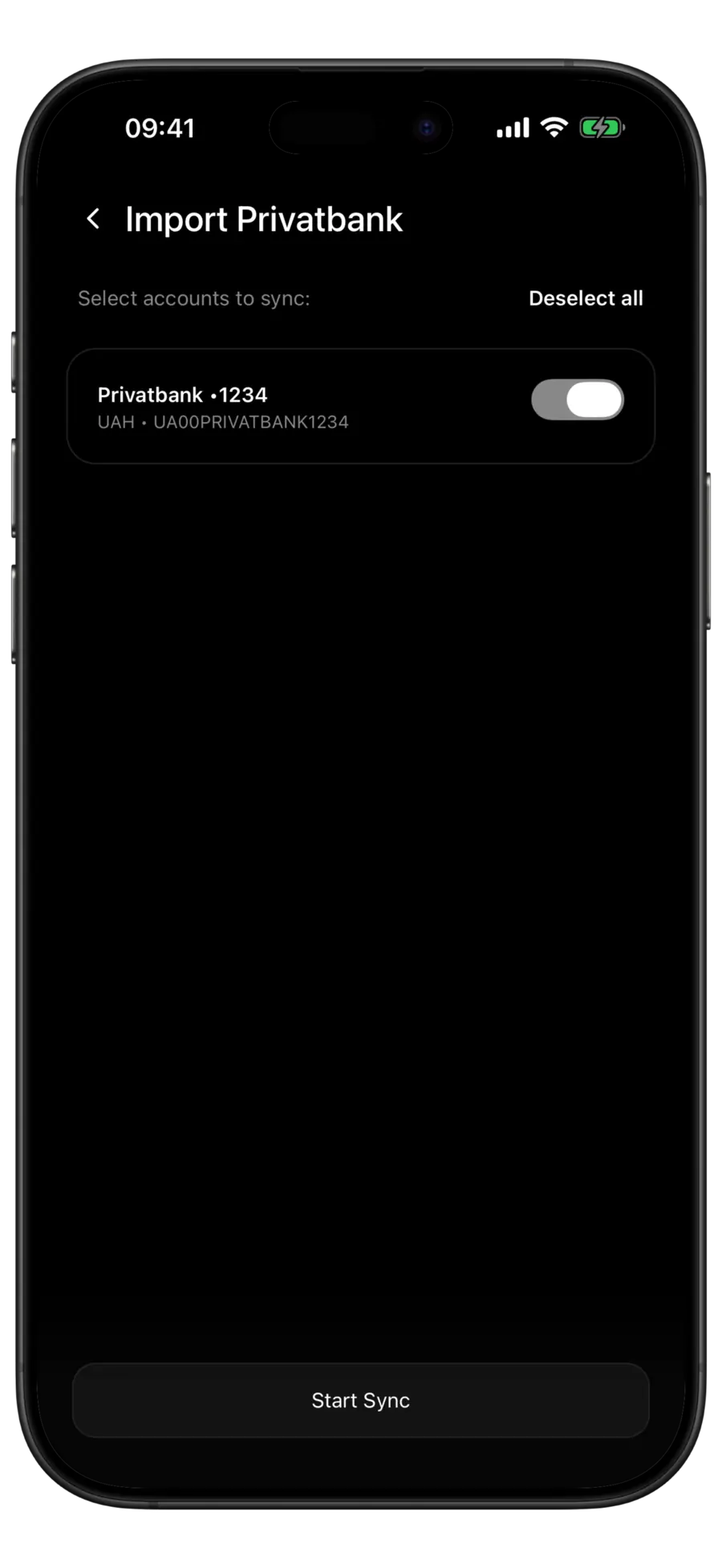 Budgie Import Privatbank screen with the card found in the export switched on and a Start Sync button