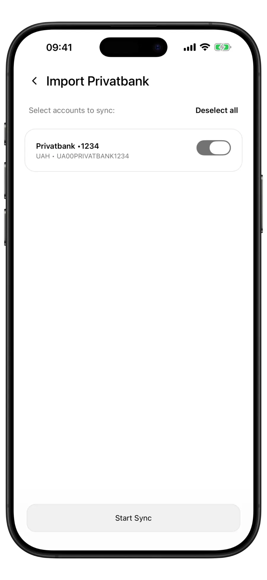 Budgie Import Privatbank screen with the card found in the export switched on and a Start Sync button