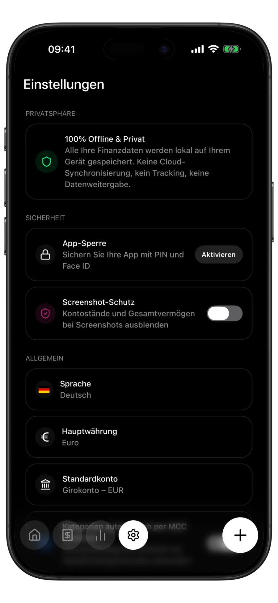 Budgie-Einstellungen mit einer Privatsphäre-Karte, die besagt, dass alle Finanzdaten lokal auf dem Gerät gespeichert werden, und darunter dem Bereich Sicherheit, in dem die App-Sperre noch nicht aktiviert und der Screenshot-Schutz ausgeschaltet ist