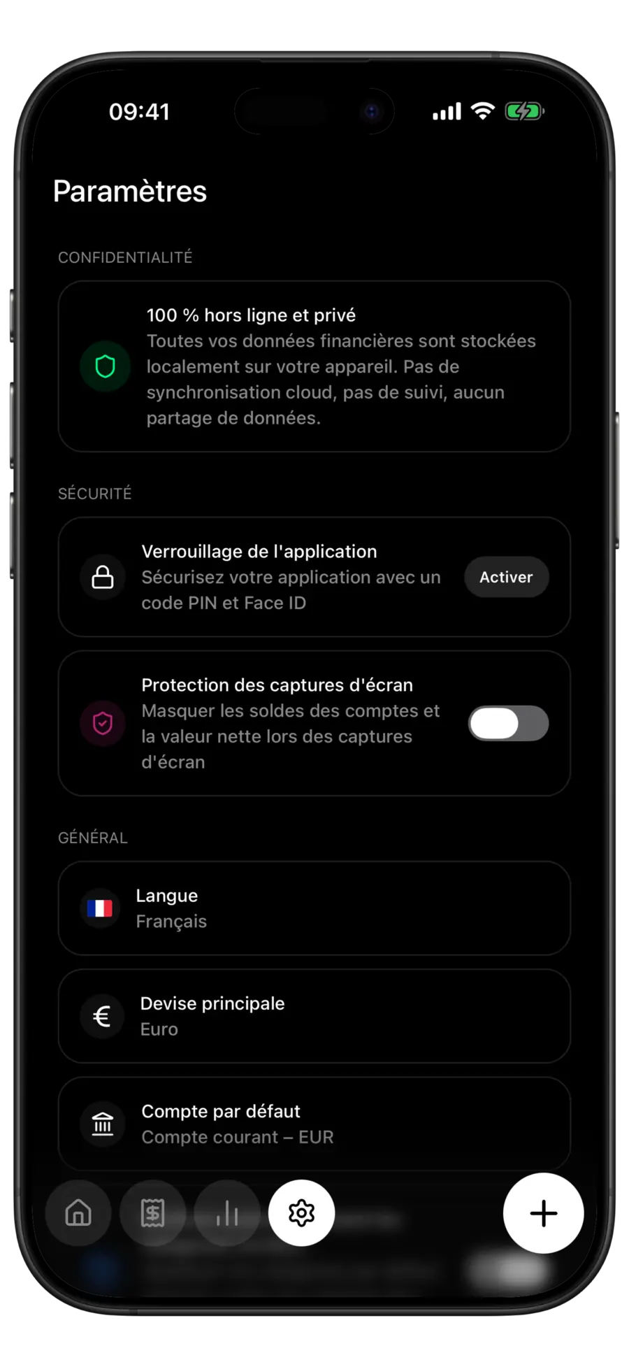 Écran Paramètres de Budgie avec une carte Confidentialité indiquant que toutes les données financières sont stockées localement sur l'appareil et, en dessous, le groupe Sécurité où le verrouillage de l'application n'est pas encore activé et la protection des captures d'écran est désactivée