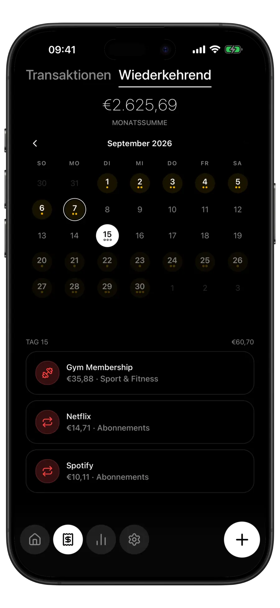 Budgie-Bildschirm „Wiederkehrend“ mit ausgewähltem Tag 15 und einer Liste der Zahlungen für Fitnessstudio, Netflix und Spotify