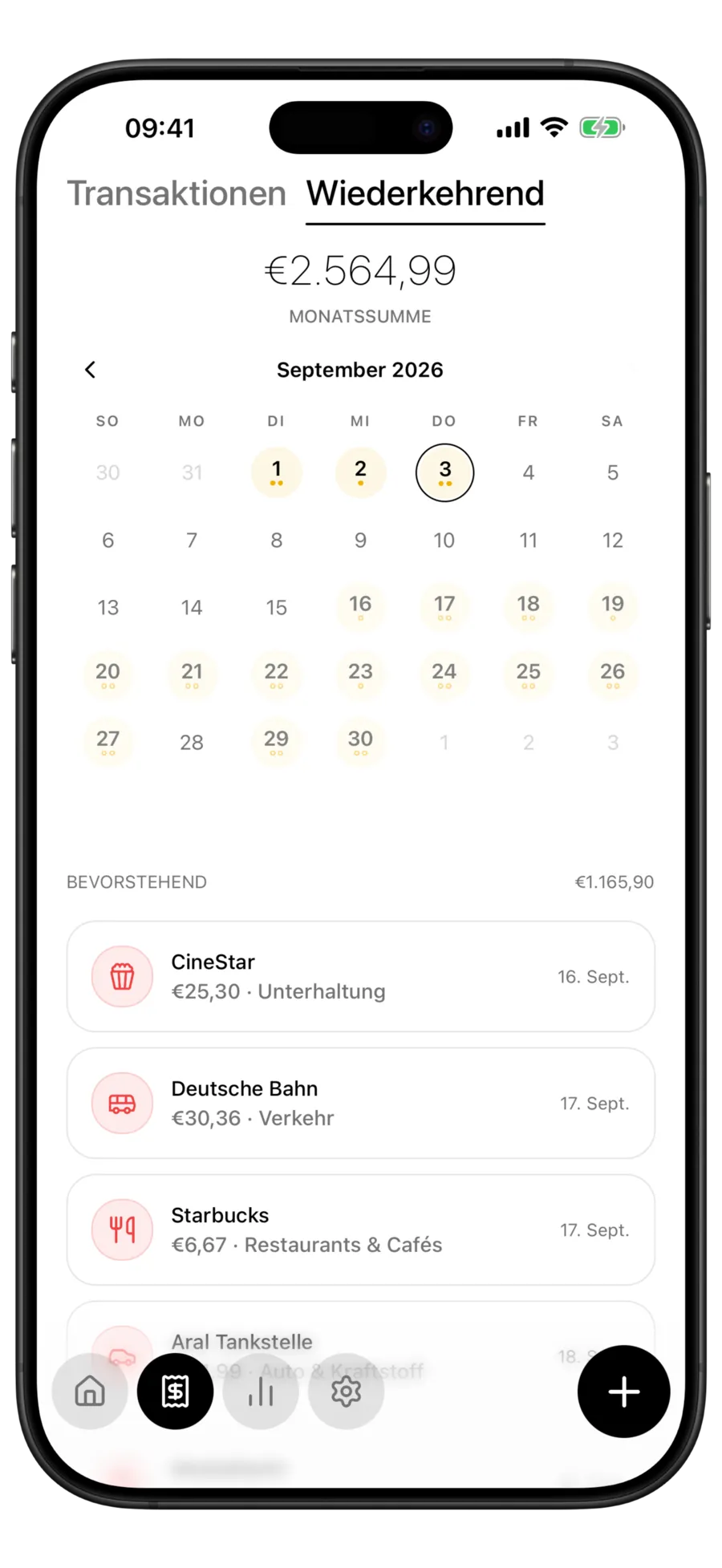Budgie-Kalender wiederkehrender Zahlungen mit anstehenden Abos im Monatsraster