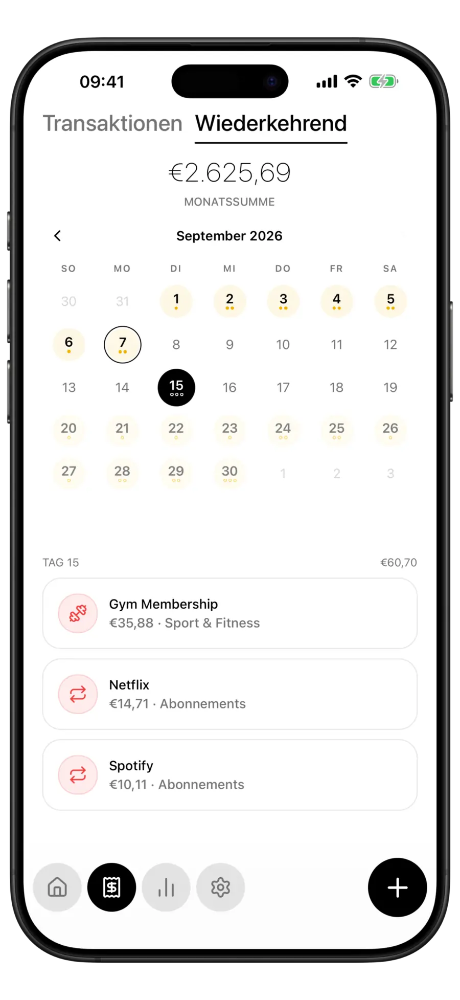 Budgie-Bildschirm „Wiederkehrend“ mit ausgewähltem Tag 15 und einer Liste der Zahlungen für Fitnessstudio, Netflix und Spotify