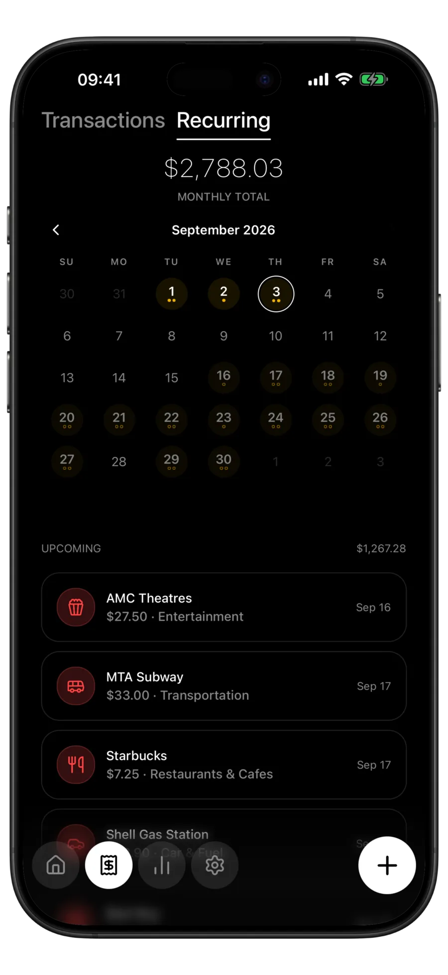 Budgie recurring payments calendar showing upcoming subscriptions on a monthly grid