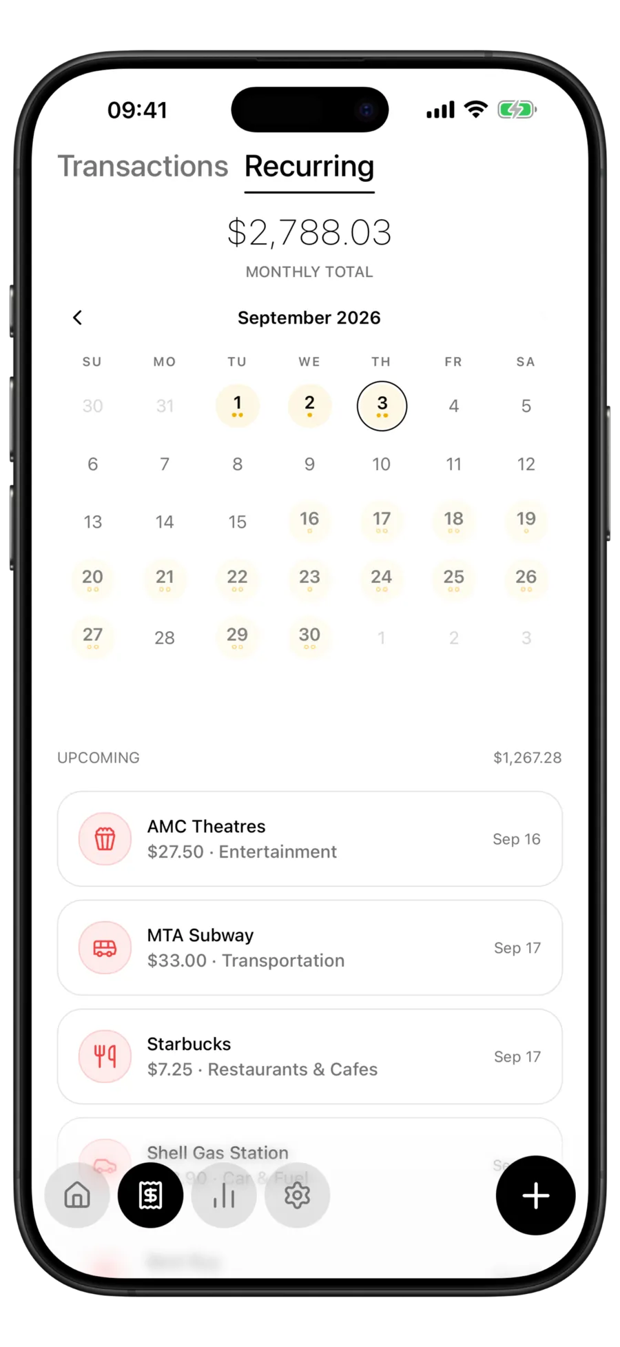 Budgie recurring payments calendar showing upcoming subscriptions on a monthly grid