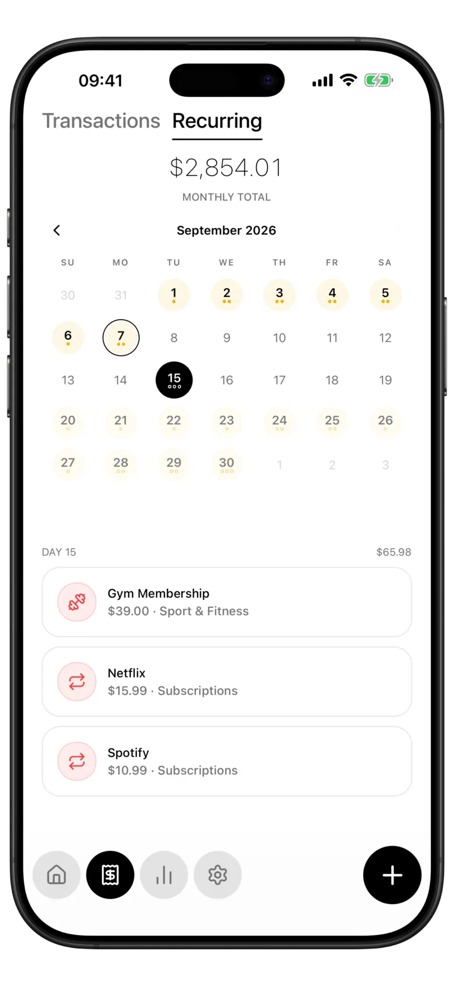 Budgie Recurring screen with Day 15 selected and a list of Gym Membership, Netflix and Spotify charges