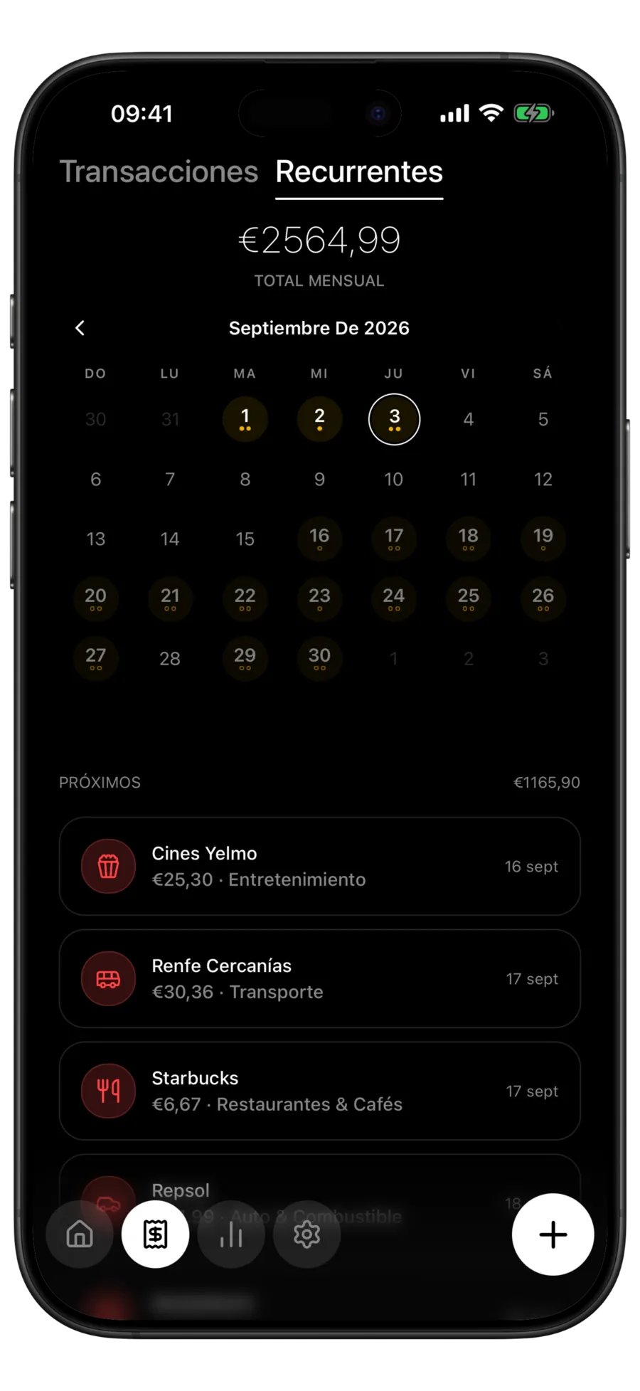Calendario de pagos recurrentes de Budgie con las próximas suscripciones en una cuadrícula mensual