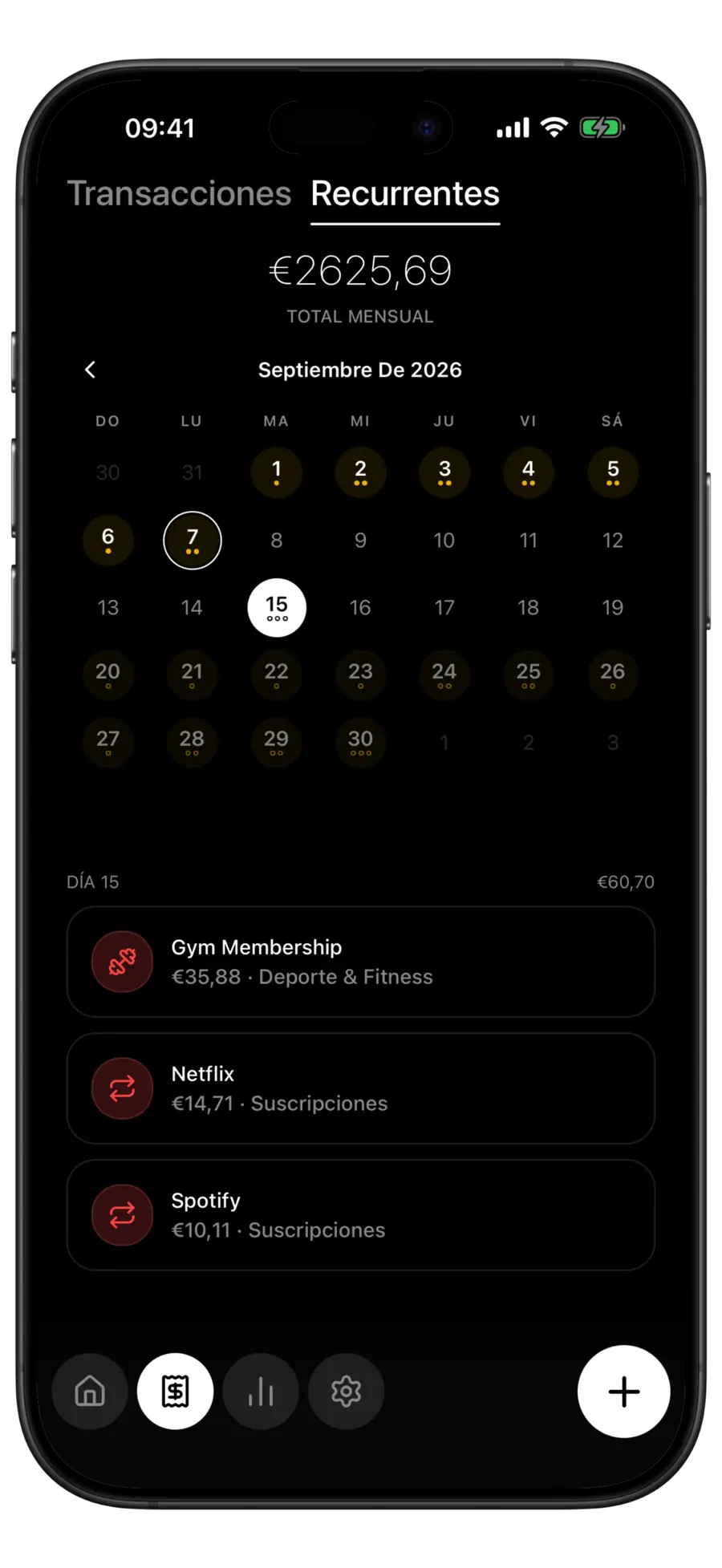 Pantalla Recurrentes de Budgie con el día 15 seleccionado y una lista de cargos de gimnasio, Netflix y Spotify