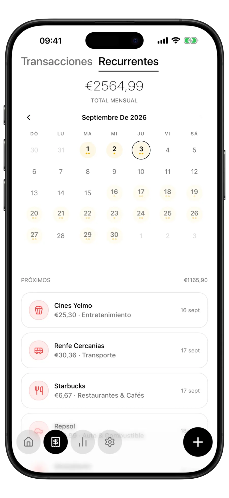 Calendario de pagos recurrentes de Budgie con las próximas suscripciones en una cuadrícula mensual