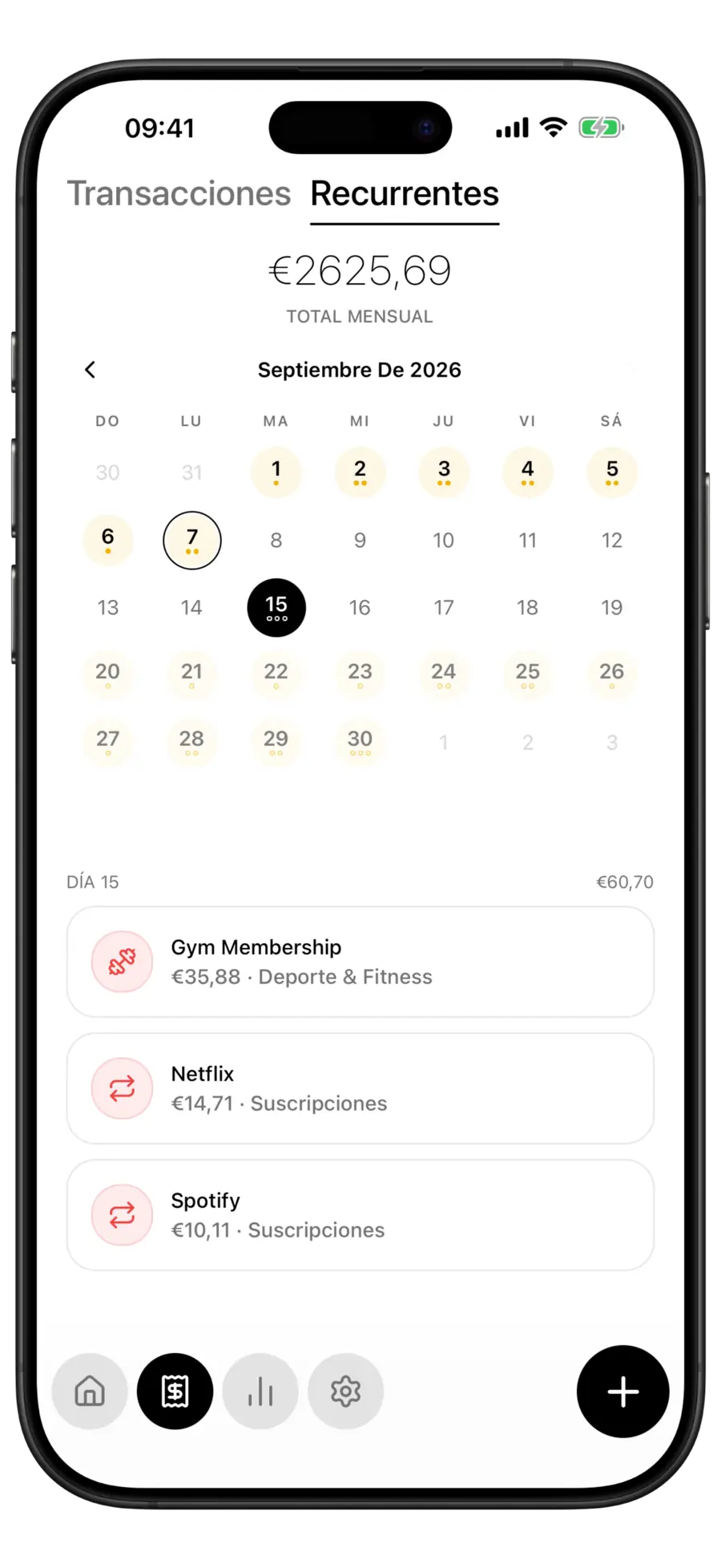 Pantalla Recurrentes de Budgie con el día 15 seleccionado y una lista de cargos de gimnasio, Netflix y Spotify