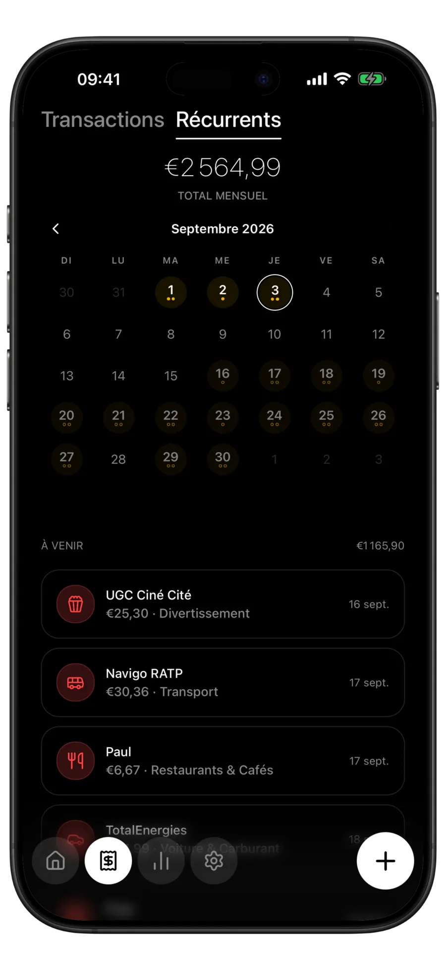 Calendrier des paiements récurrents de Budgie affichant les abonnements à venir sur une grille mensuelle