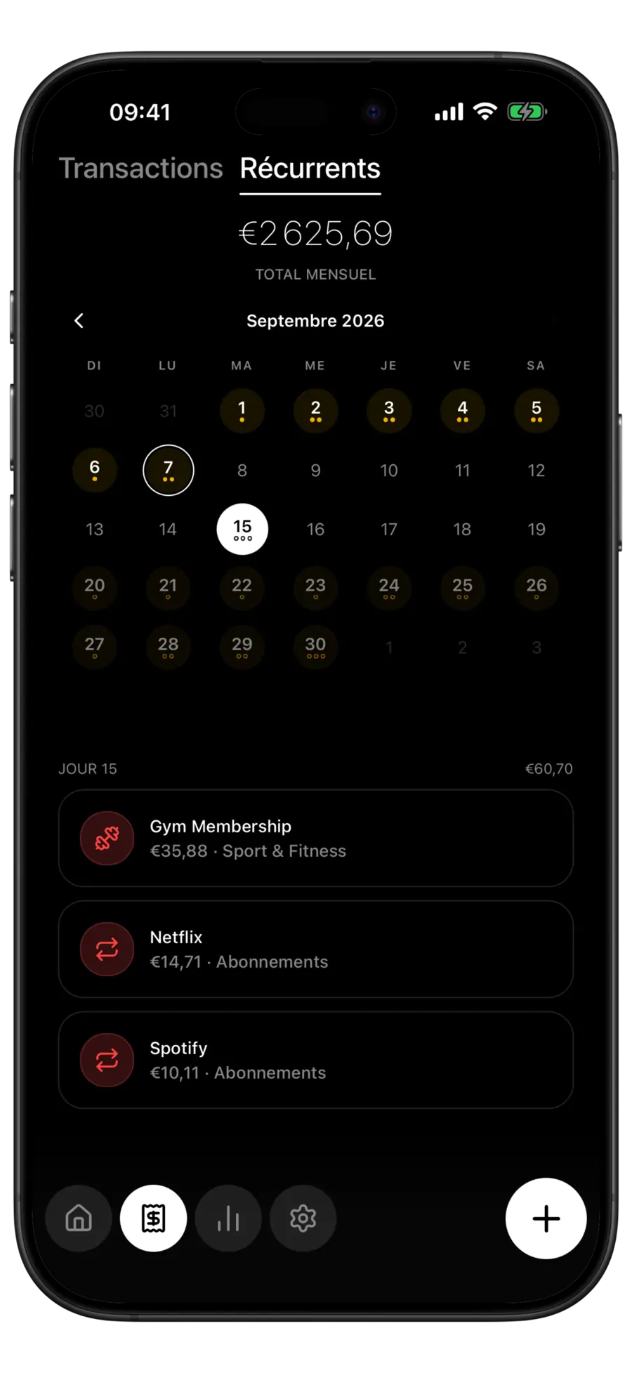 Écran Récurrents de Budgie avec le 15 sélectionné et une liste des prélèvements pour la salle de sport, Netflix et Spotify