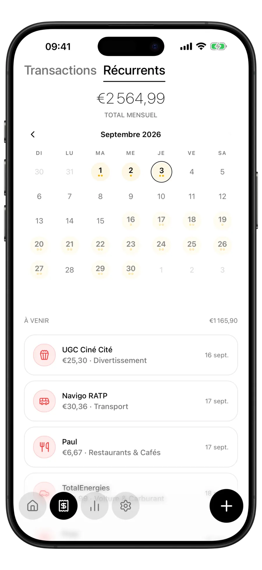 Calendrier des paiements récurrents de Budgie affichant les abonnements à venir sur une grille mensuelle