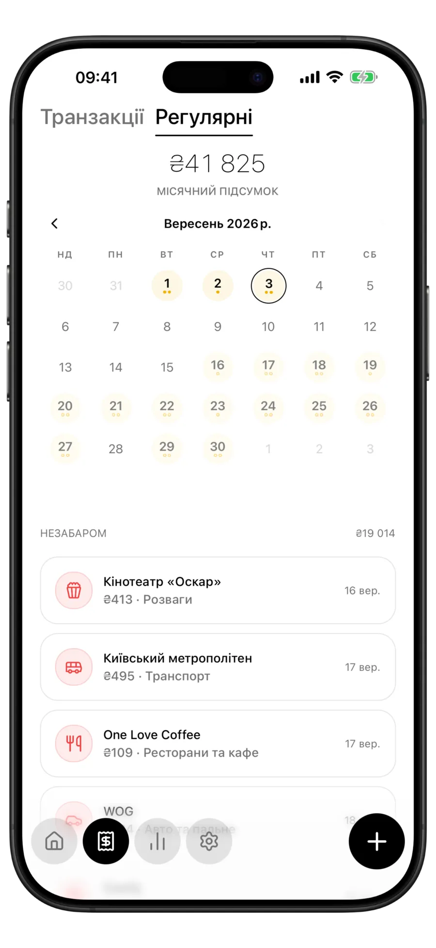 Календар регулярних платежів Budgie з майбутніми підписками у місячній сітці