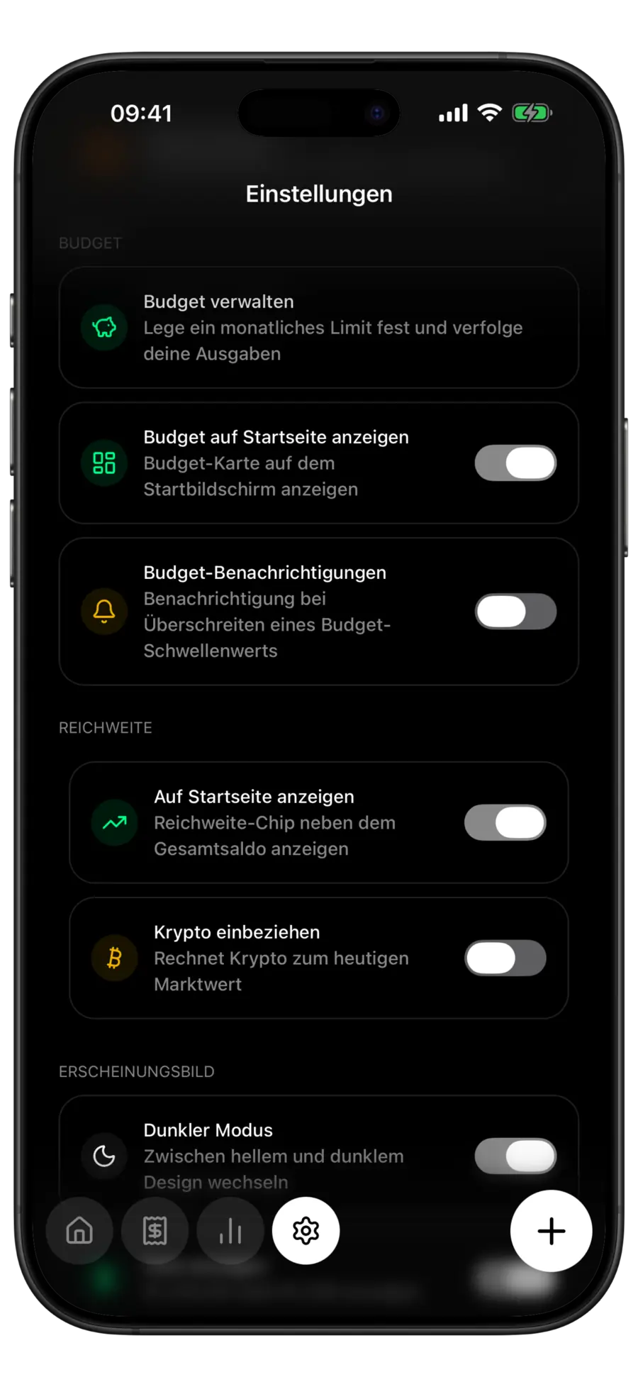 Budgie-Einstellungen mit dem Bereich Reichweite und den Schaltern Auf Startseite anzeigen und Krypto einbeziehen