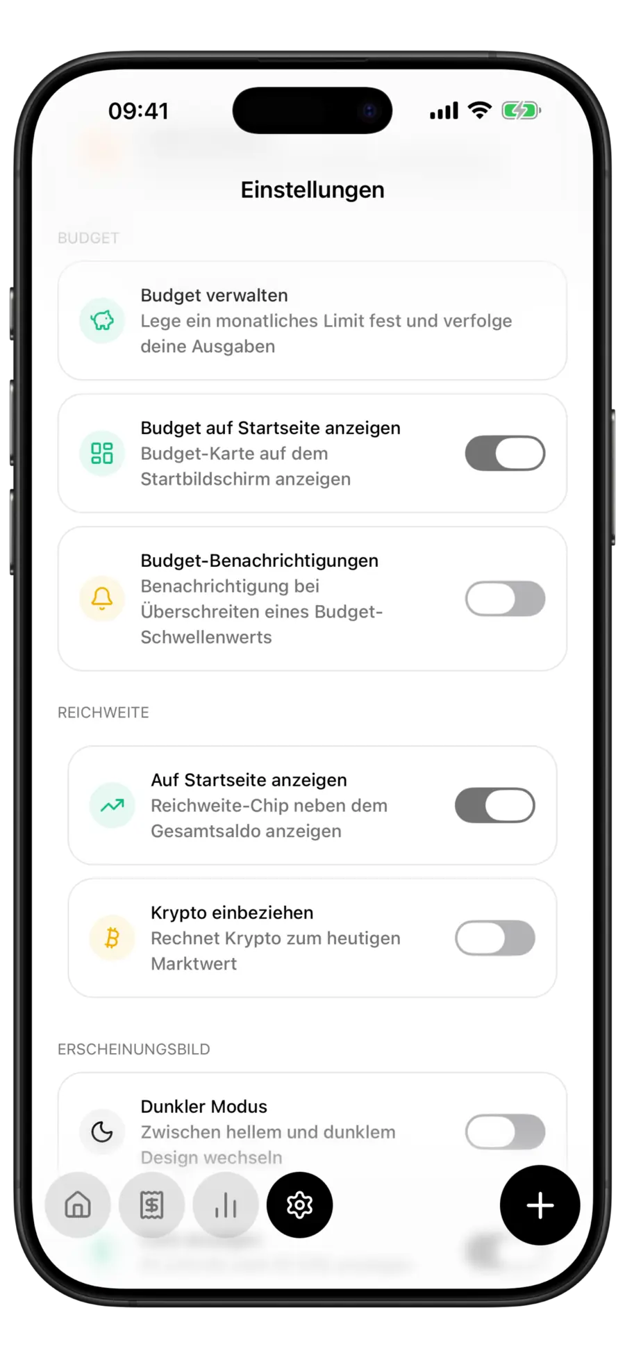 Budgie-Einstellungen mit dem Bereich Reichweite und den Schaltern Auf Startseite anzeigen und Krypto einbeziehen