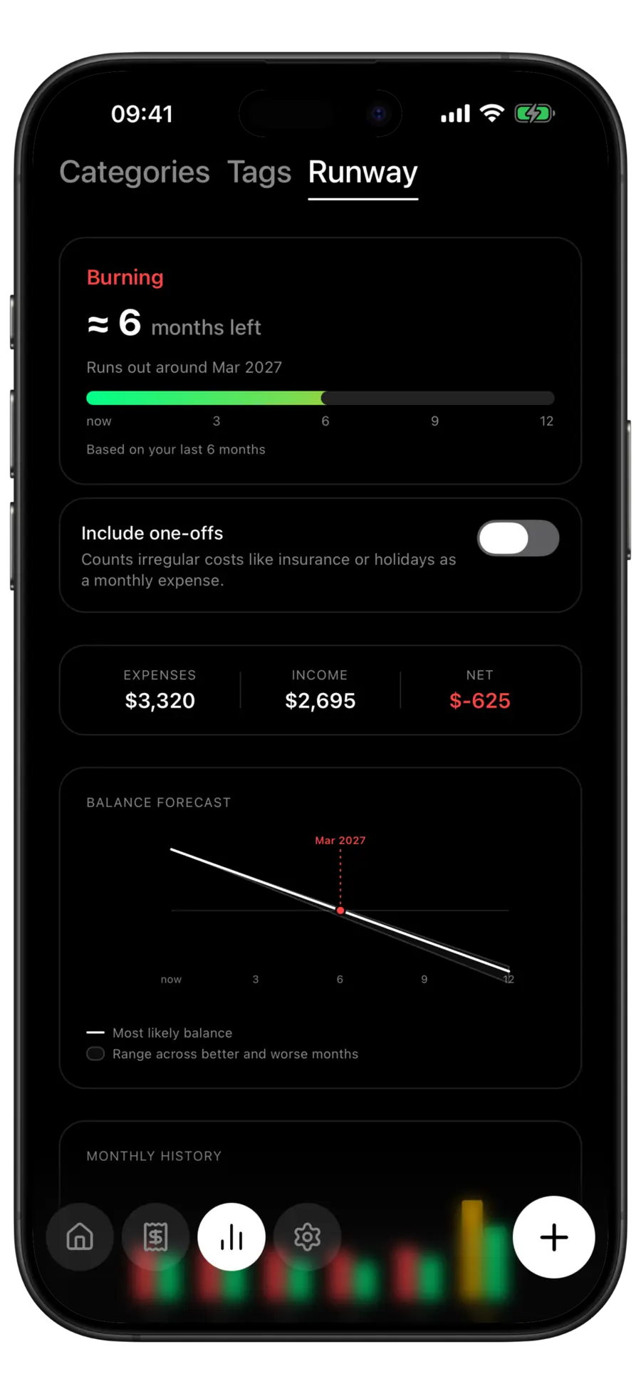 Budgie Runway tab with a burning verdict, a run-out month, a meter and the monthly expenses, income and net
