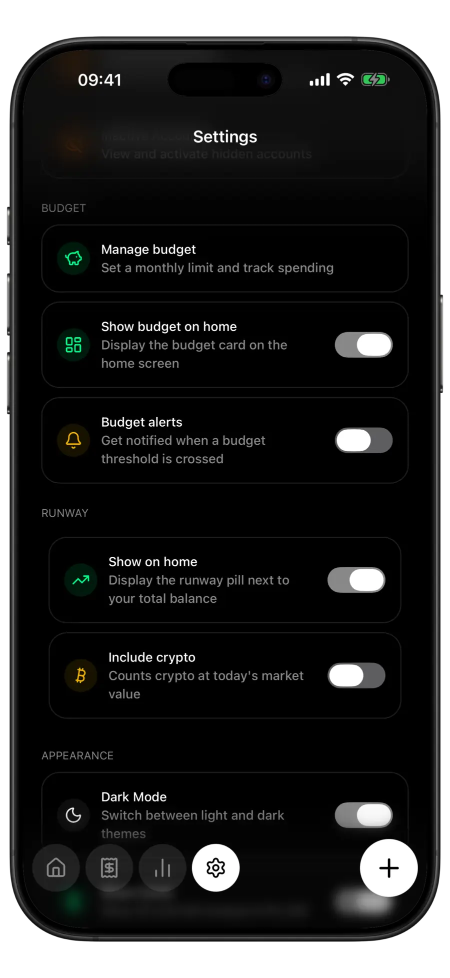 Budgie settings with the Runway section showing the show on home and include crypto switches