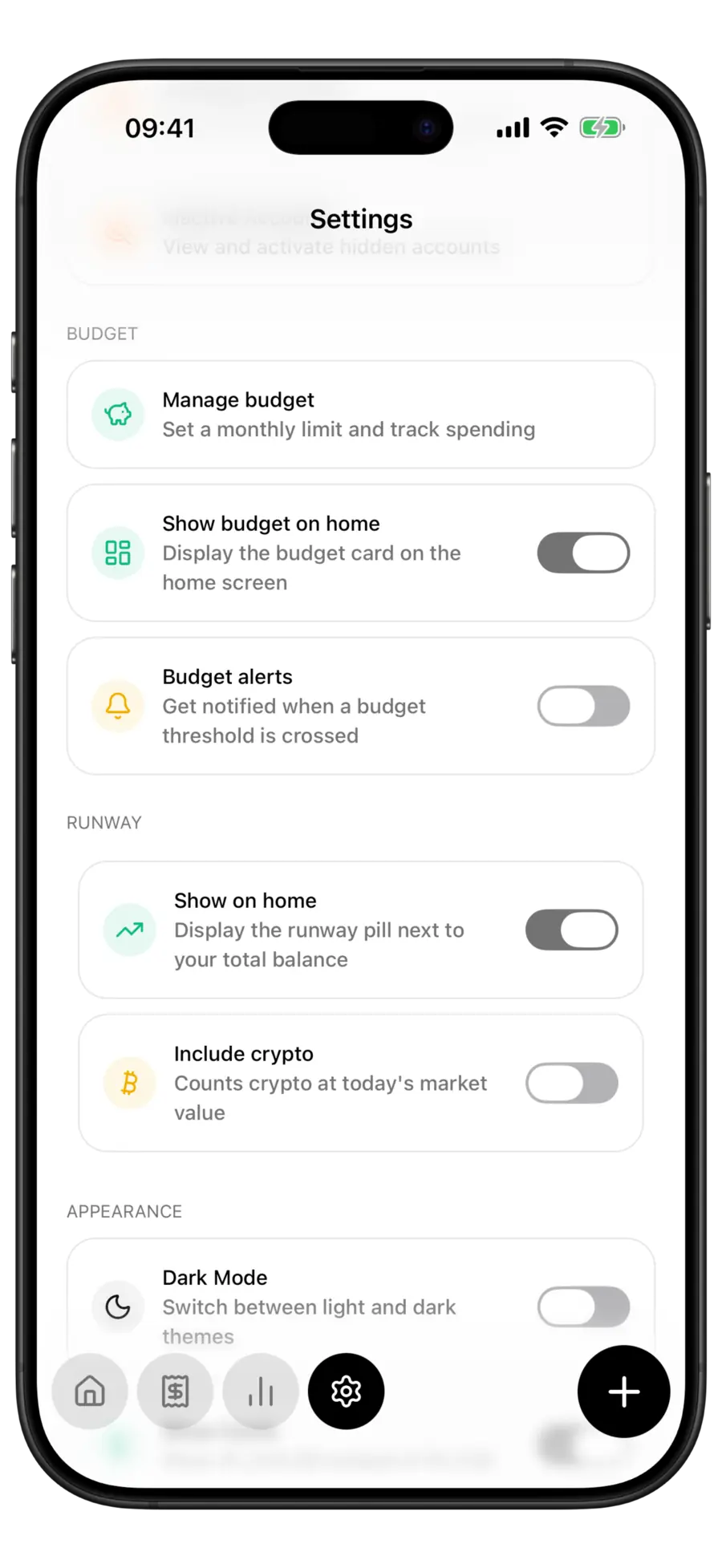 Budgie settings with the Runway section showing the show on home and include crypto switches