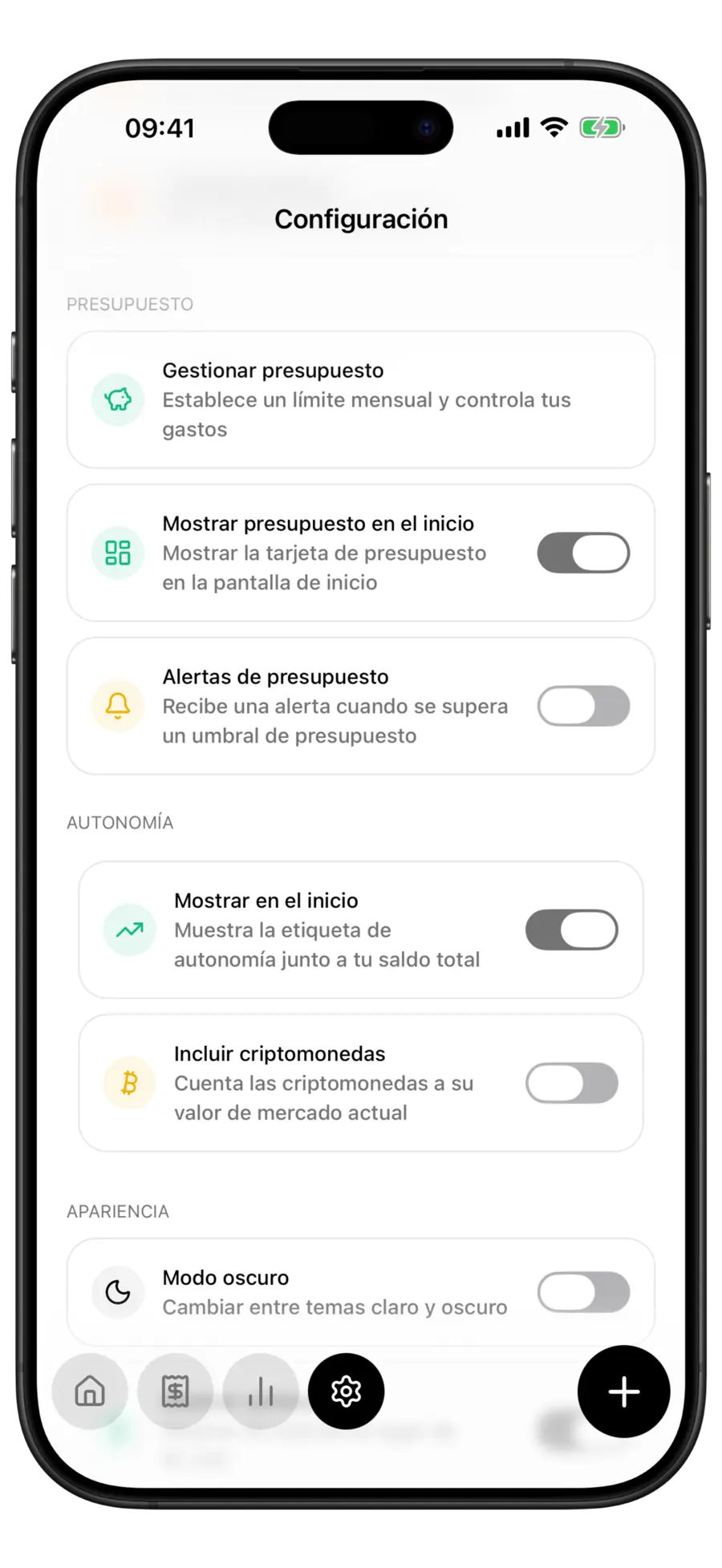 Configuración de Budgie con la sección Autonomía y los interruptores Mostrar en el inicio e Incluir criptomonedas