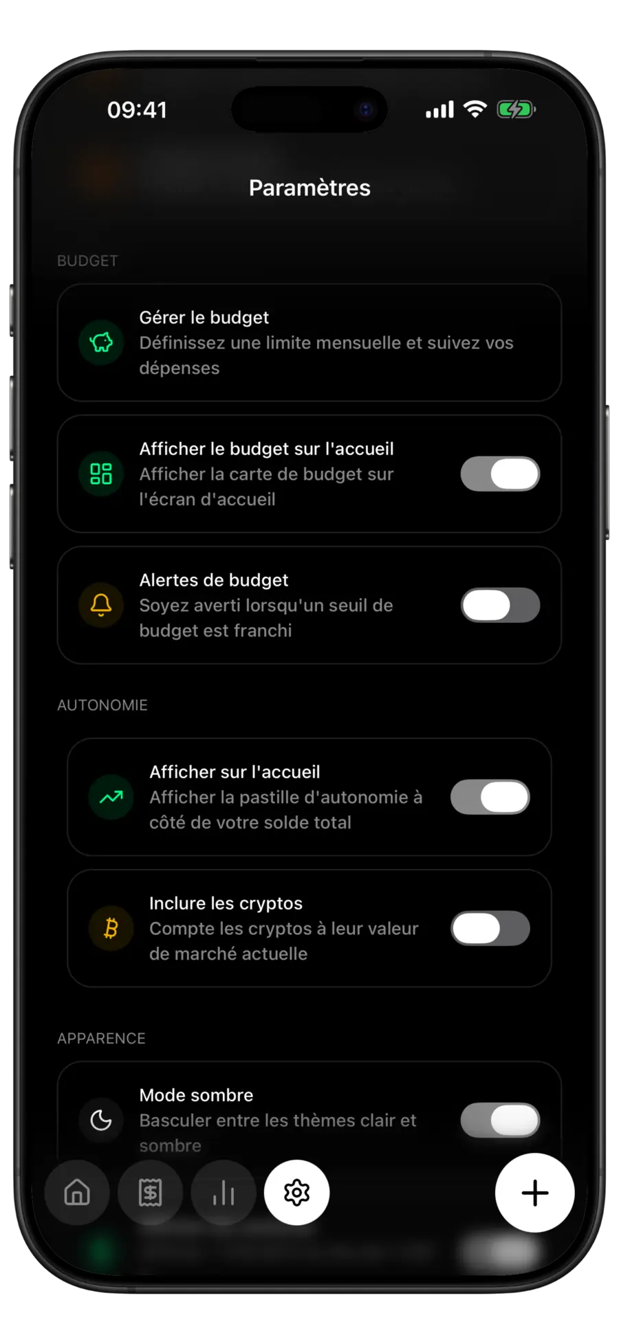 Paramètres de Budgie avec la section Autonomie et les interrupteurs Afficher sur l'accueil et Inclure les cryptos