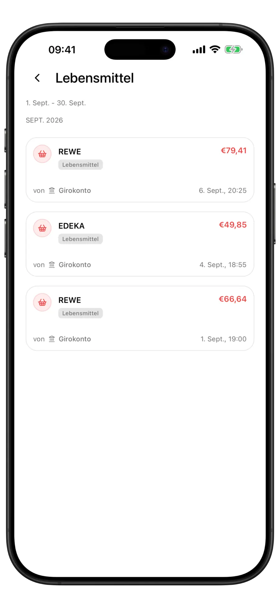 Budgie-Transaktionsliste für eine einzelne Ausgabenkategorie mit dem Zeitraum über den nach Monat gruppierten Zeilen