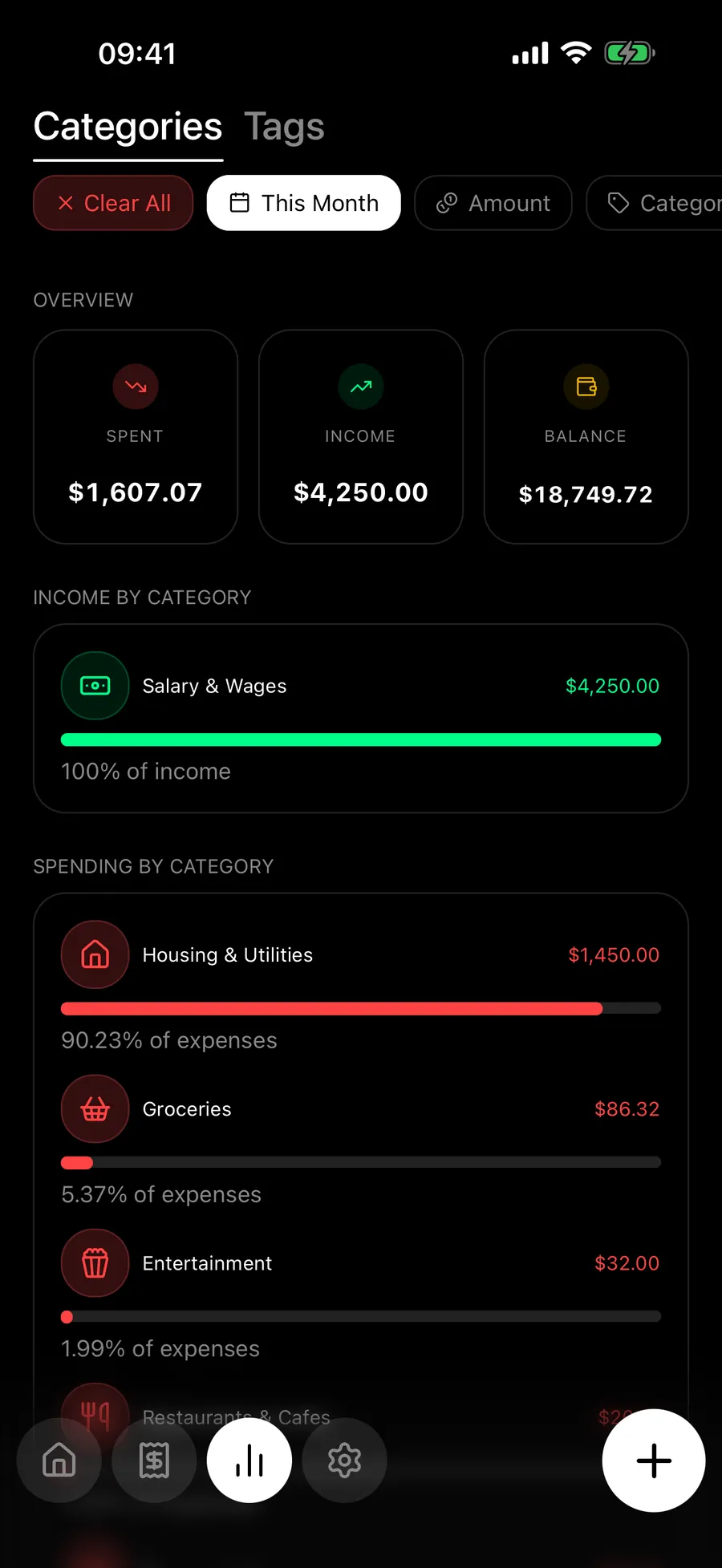 Screen recording of Budgie analytics filtering spending by category and drilling into a period