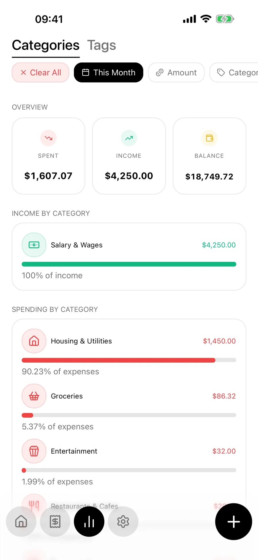 Screen recording of Budgie analytics filtering spending by category and drilling into a period